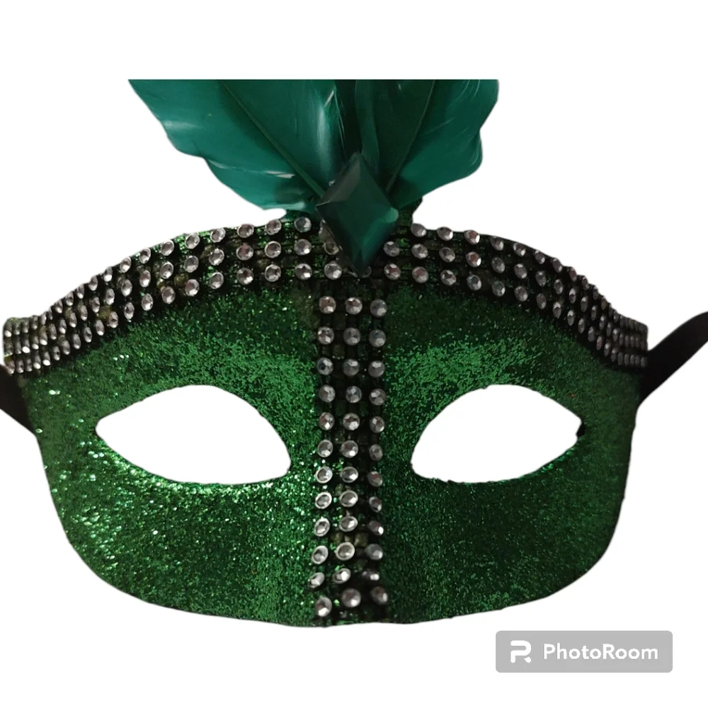 Emerald Green Masquerade Mask Rhinestone and Feather Peacock Style Venetian Gala